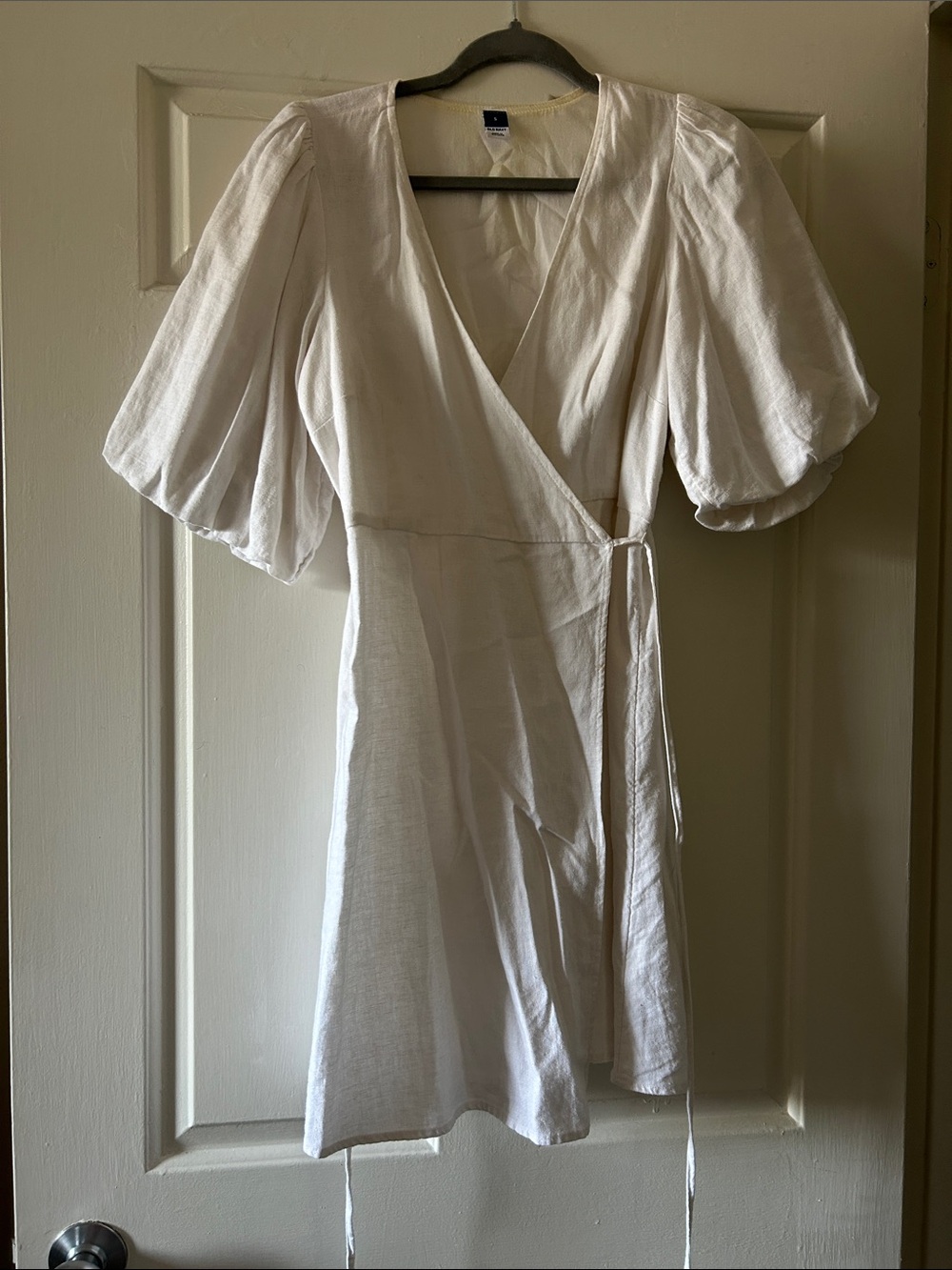 Old Navy White Mini Wrap Dress with Puff Sleeves